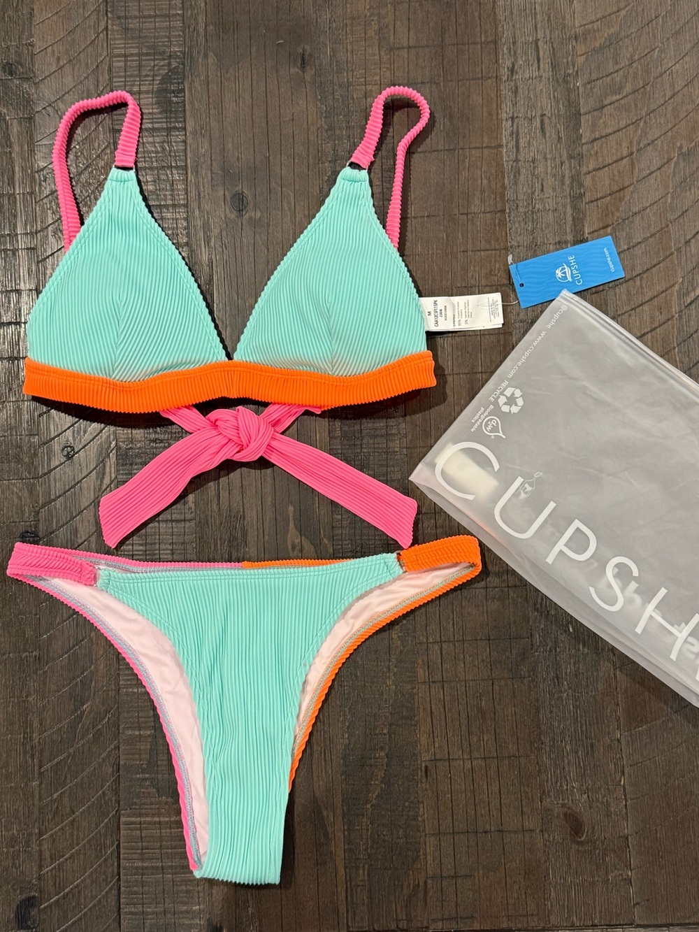 Cupshe Bikini Ribbed Colorblock Triangle V-Neck Top Cheeky Bottoms Bold Colors